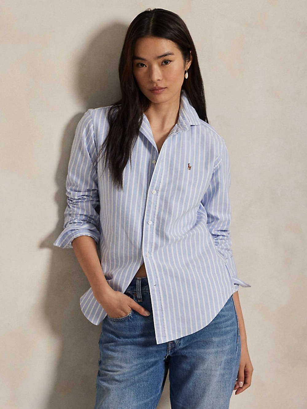Ralph Lauren Blue Striped Knit Oxford Button Down Size XL Coastal Core